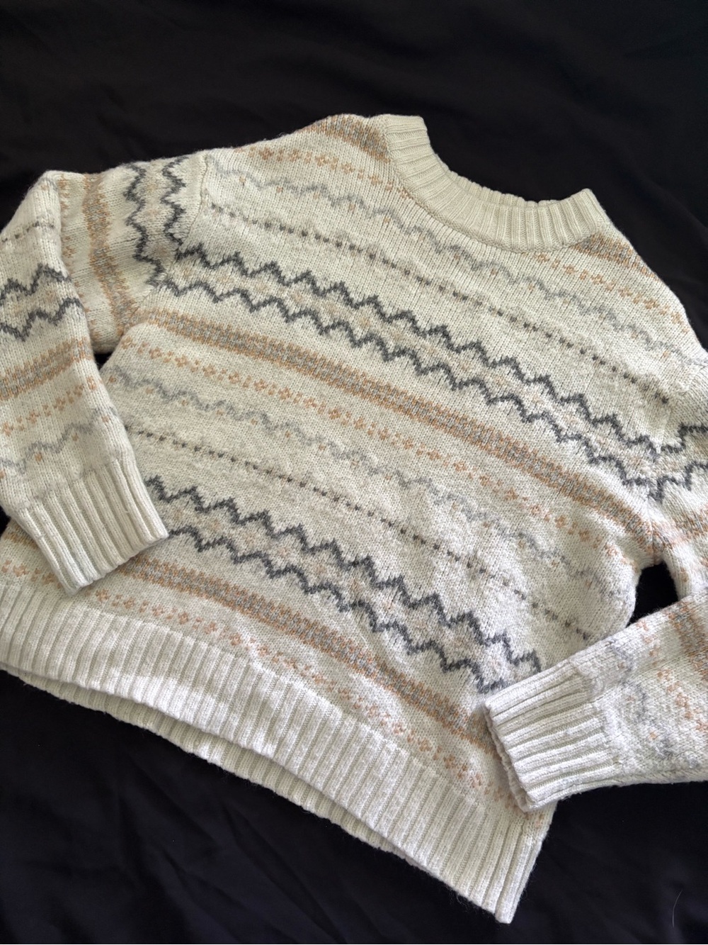 American Eagle Cream Crewneck Sweater with Tan & Gray Stripes
